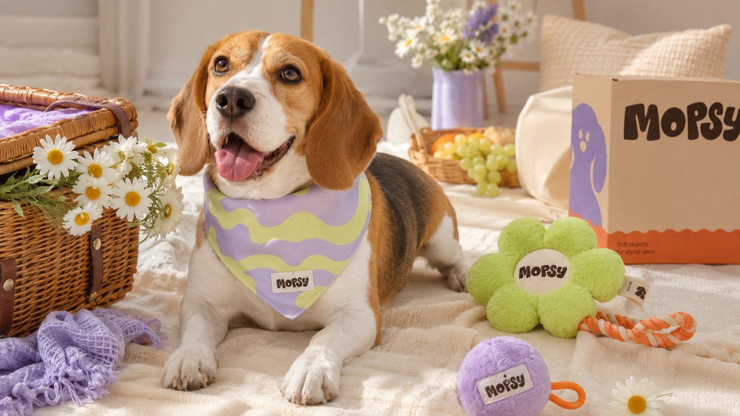 A beagle wearing a Mopsy wavy bandana surrounded by toys and a Mopsy gift box