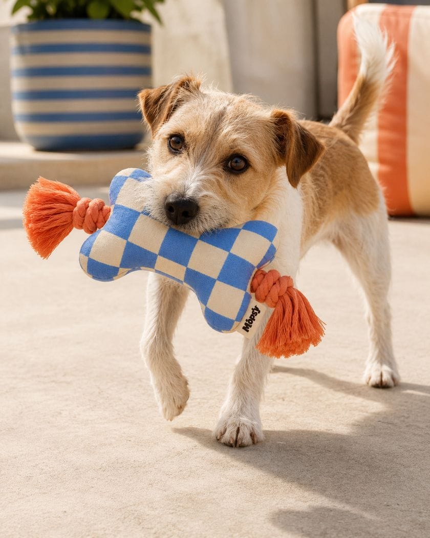 A terrier trotting off with the checkerboard bone toy