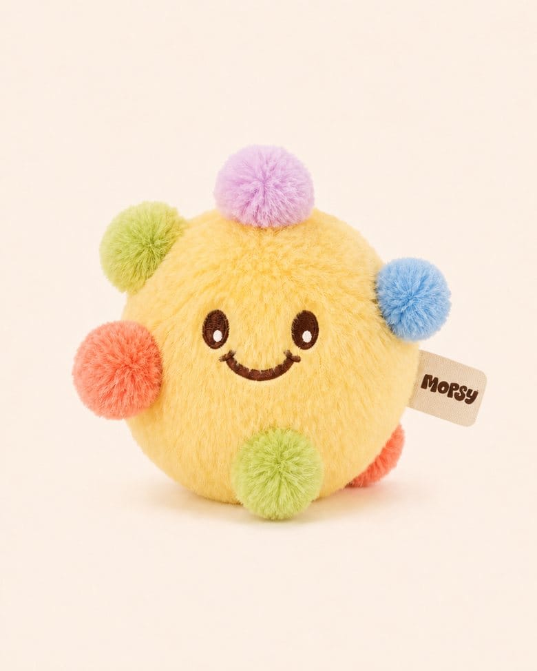 The Pom-Pom Ball, a smiley yellow plush toy studded with coloured pom-poms