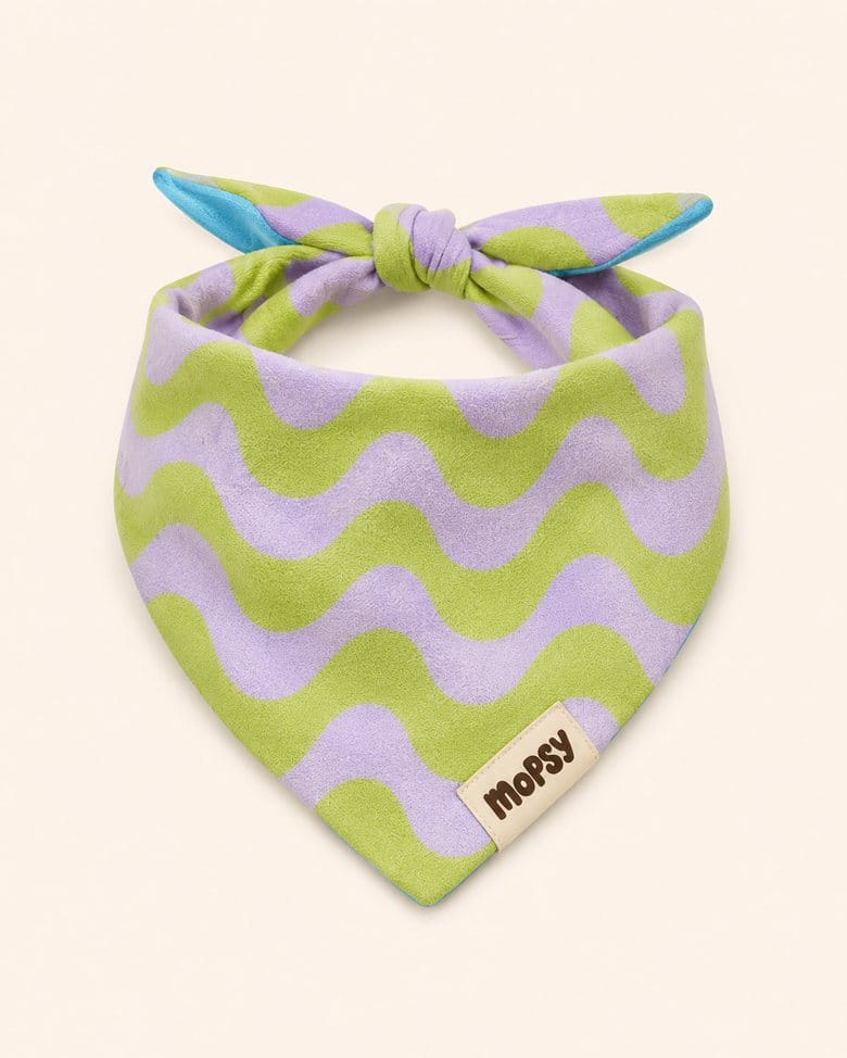 The Wavy Bandana in a lilac and lime wave print